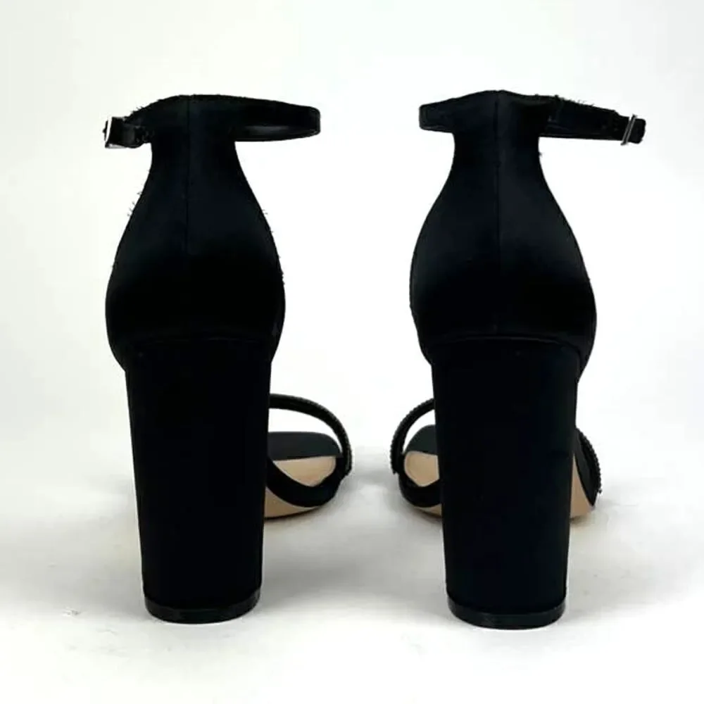 New Jewel Badgley Mischka Women Shoes Black Satin Block Heel Open Sandals US 8.5